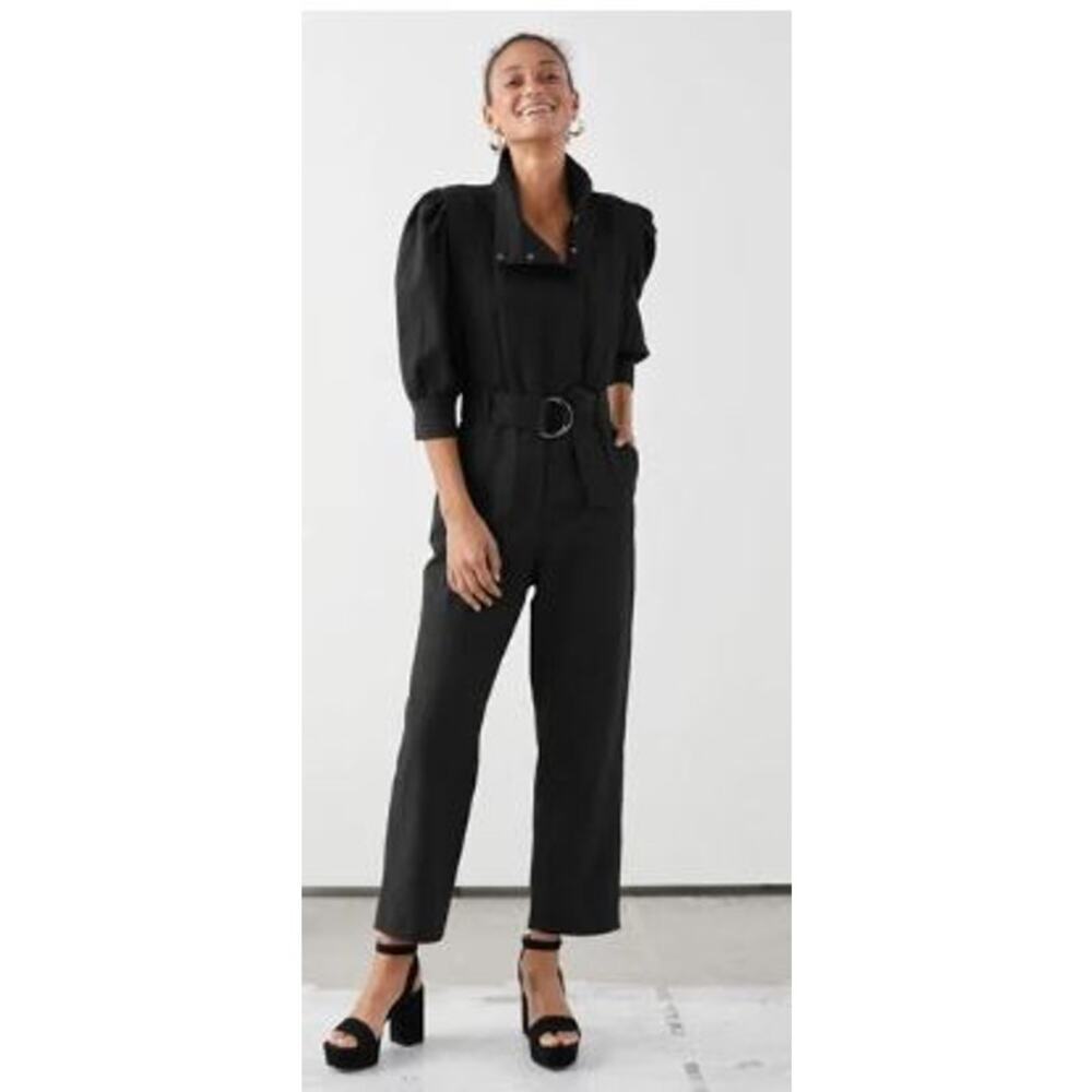 & Other Stories Womens 10 Puff Sleeves Jumpsuit Black Linen Blend Snap Button